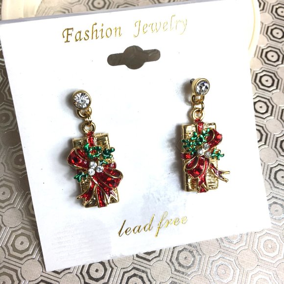 Christmas Present w/ jewels Post Earrings NWOT - Picture 2 of 3